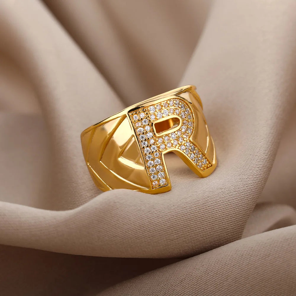 Chunky Wide Zircon Initial Letter Rings