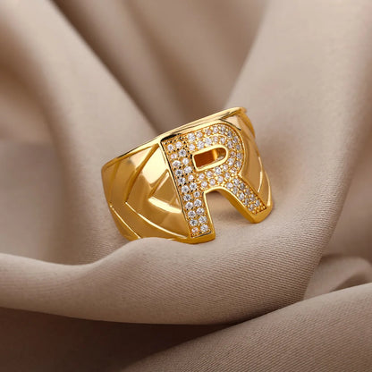 Chunky Wide Zircon Initial Letter Rings