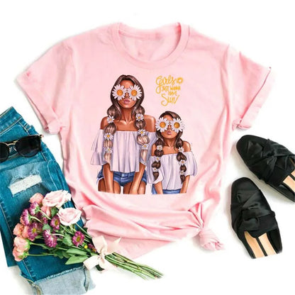 Cartoon Mom Mother Boy Girl Print Mother Lady T-shirts