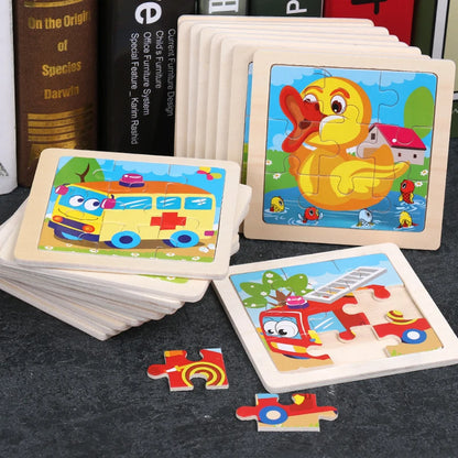 11X11CM Kids Wooden Puzzle Cartoon Animal Traffic Toys