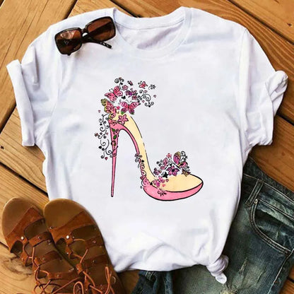 Maycaur Pink High Heels Flowers Bag Print T Shirt