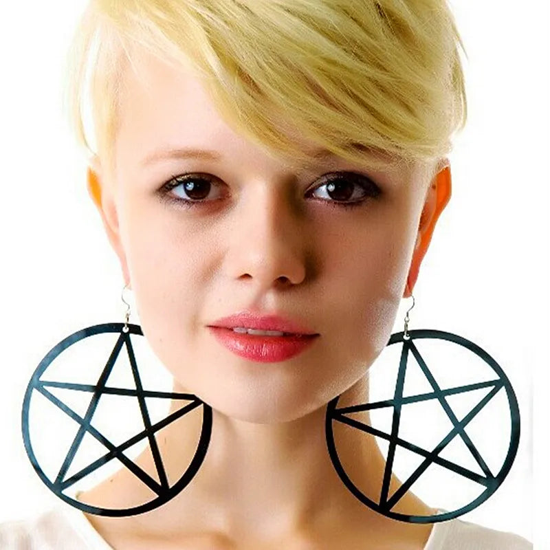 Acrylic Big Round Pentagram Drop Pink Circle Star Dangle Earrings