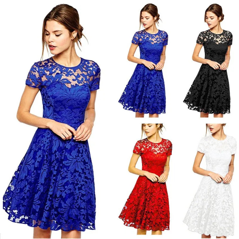 Sexy Floral Lace Round Neck Short Sleeve Vintage Slim Dress