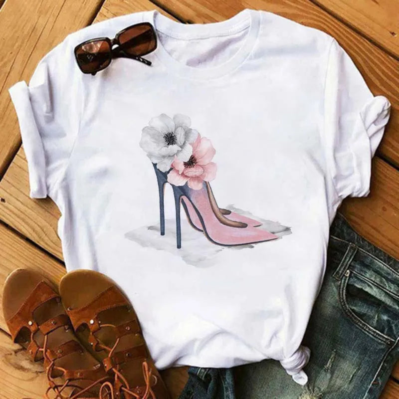 Maycaur Pink High Heels Flowers Bag Print T Shirt