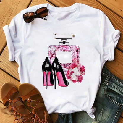 Maycaur Pink High Heels Flowers Bag Print T Shirt