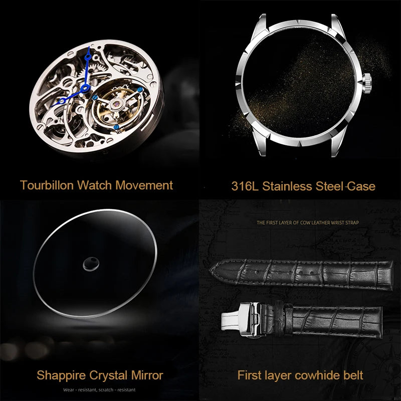 Real Tourbillon Mechanical Automatic Mechanical Sapphire Glass Stainless Steel Wristwatch
