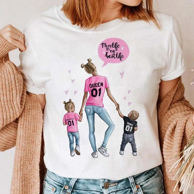 Cartoon Mom Mother Boy Girl Print Mother Lady T-shirts