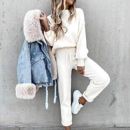 Autumn and Winter Sweater High Collar Casual Pure Color Trousers Set
