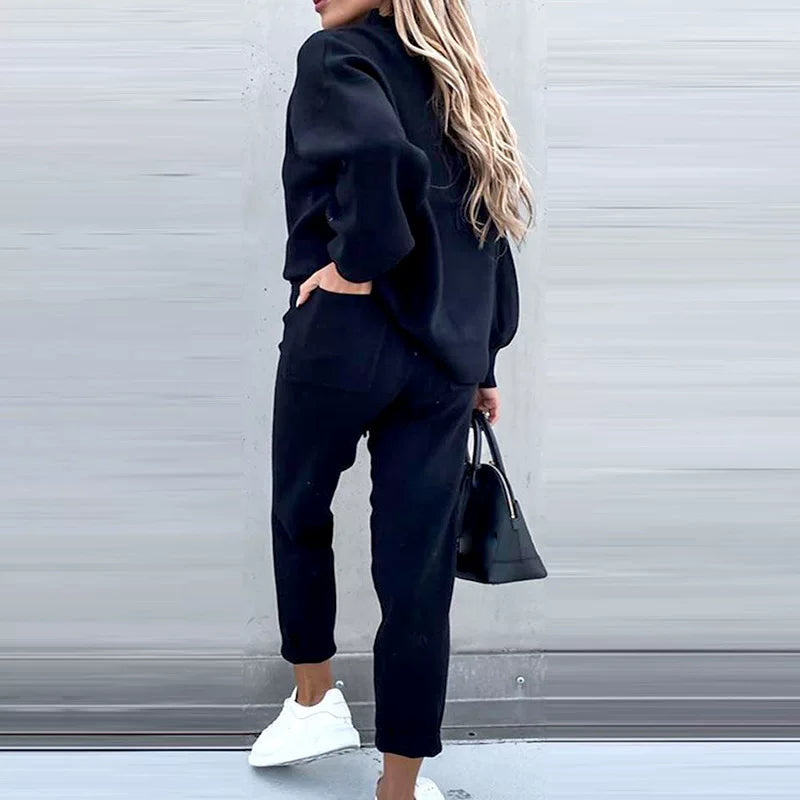 Autumn and Winter Sweater High Collar Casual Pure Color Trousers Set