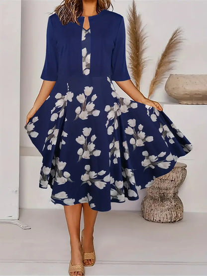 Long floral print round neck dress