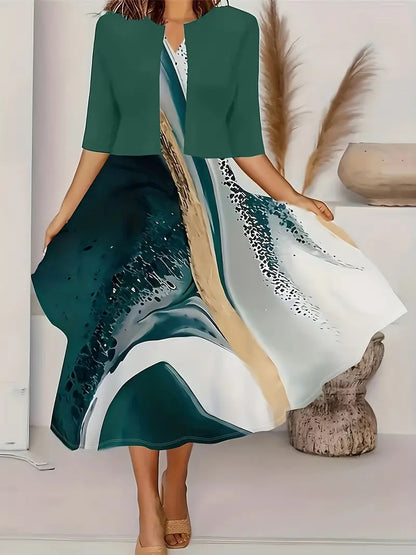 Long floral print round neck dress