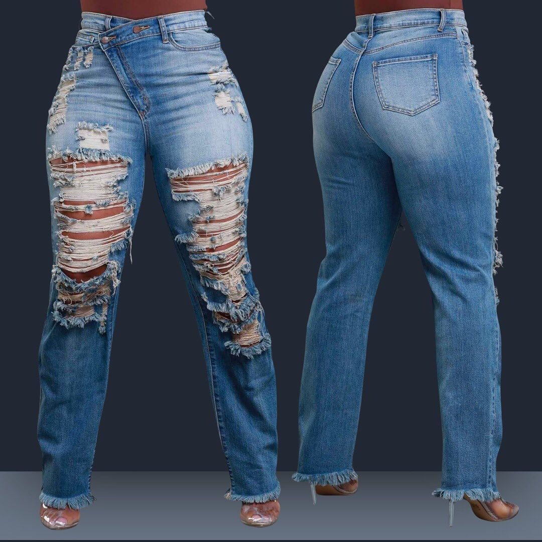 Pencil Denim Hole Ripped Pockets High Waist Jean Skinny