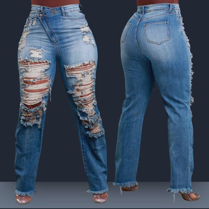 Pencil Denim Hole Ripped Pockets High Waist Jean Skinny