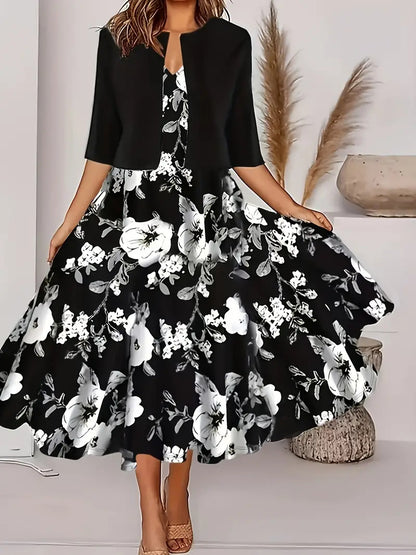 Long floral print round neck dress