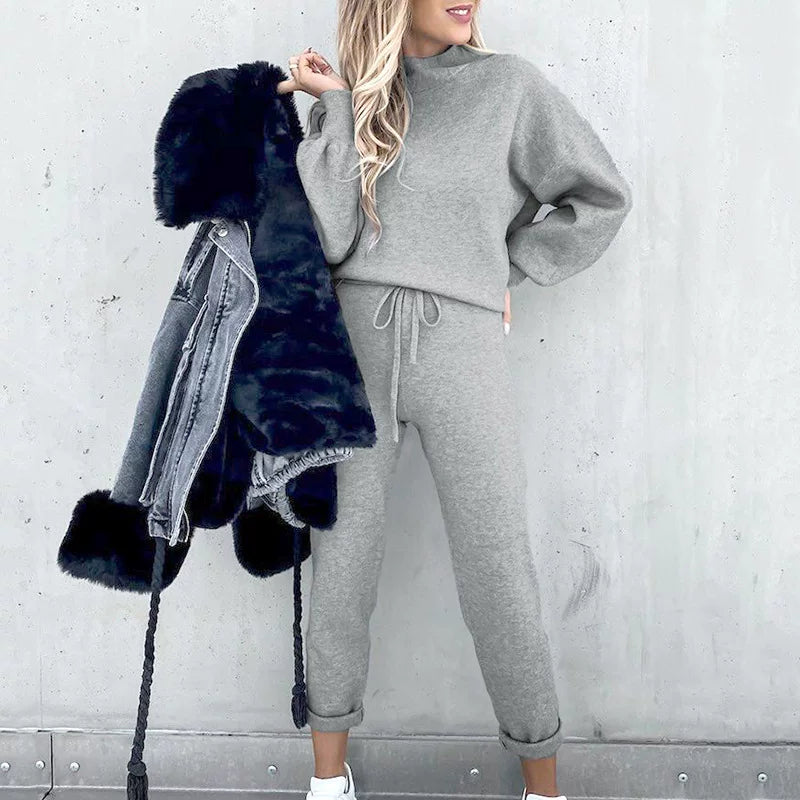Autumn and Winter Sweater High Collar Casual Pure Color Trousers Set