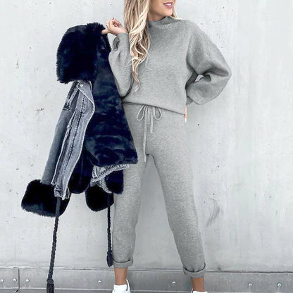 Autumn and Winter Sweater High Collar Casual Pure Color Trousers Set