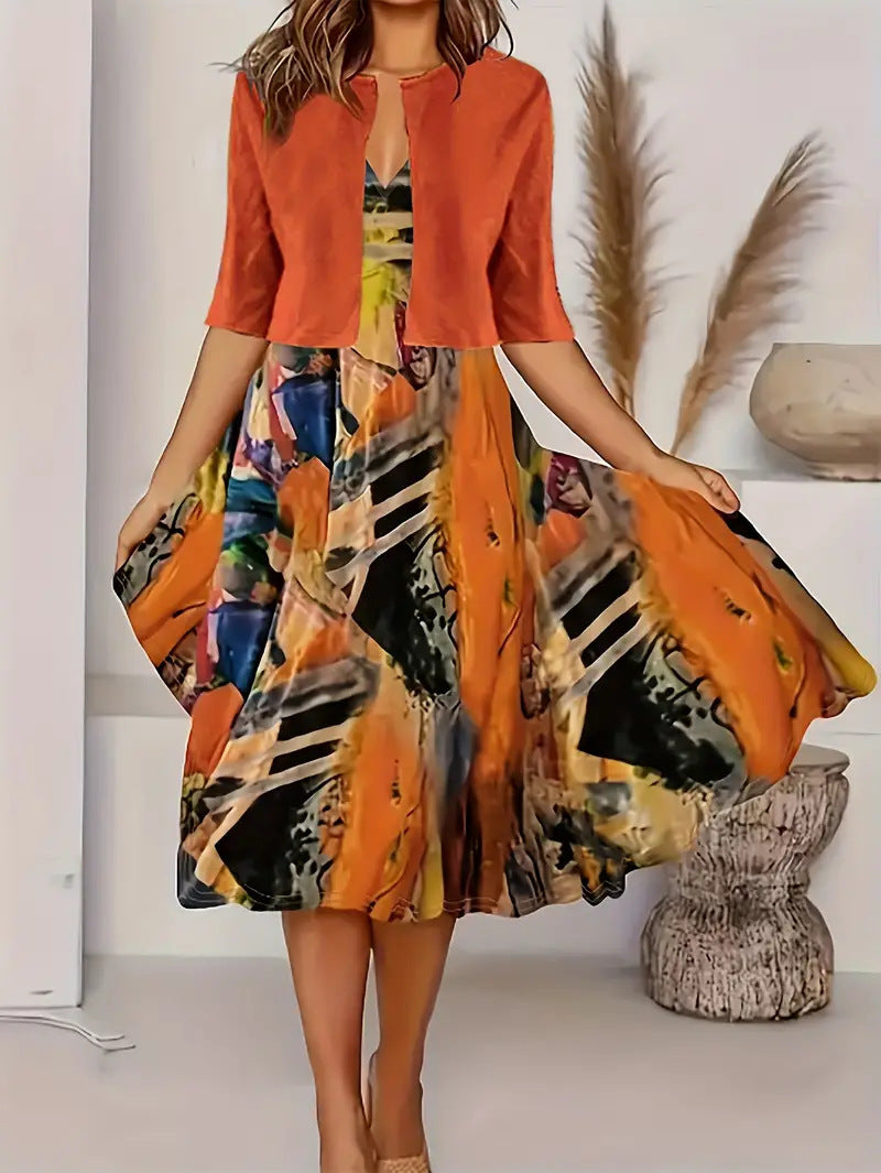 Long floral print round neck dress