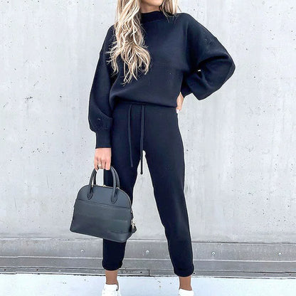 Autumn and Winter Sweater High Collar Casual Pure Color Trousers Set