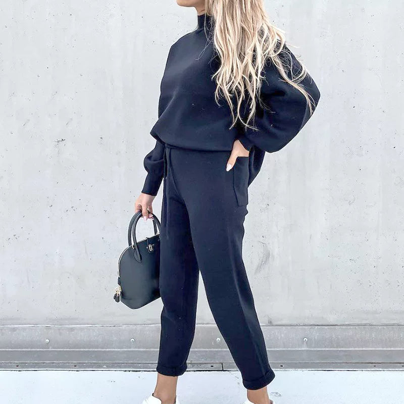 Autumn and Winter Sweater High Collar Casual Pure Color Trousers Set