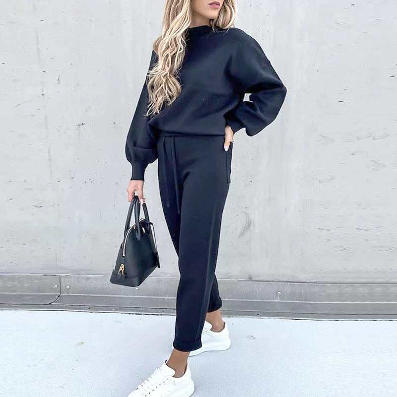 Autumn and Winter Sweater High Collar Casual Pure Color Trousers Set