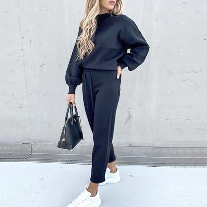 Autumn and Winter Sweater High Collar Casual Pure Color Trousers Set