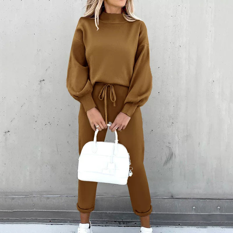 Autumn and Winter Sweater High Collar Casual Pure Color Trousers Set