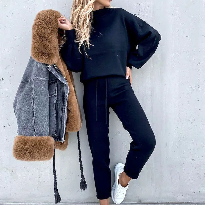 Autumn and Winter Sweater High Collar Casual Pure Color Trousers Set