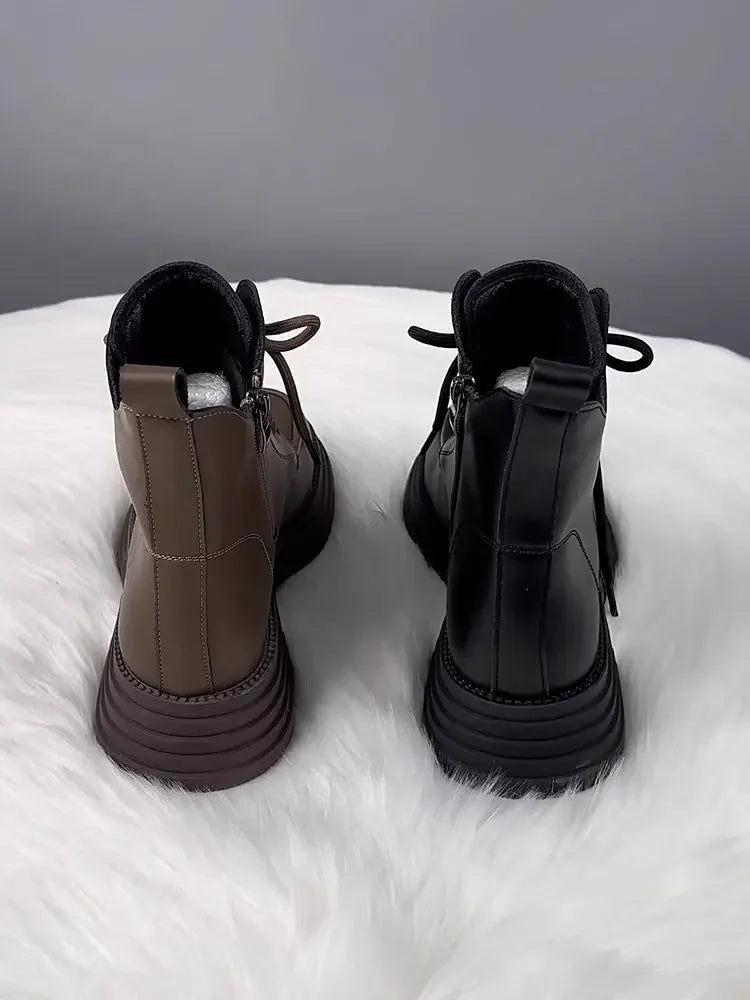 Plush Platform Warm Short Flat Bottom Lace Up Ankle Boots