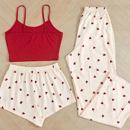 Casual Heart-Shaped Printed Vest and Shorts and Pants Paired with Ribbed Sleepwear Set