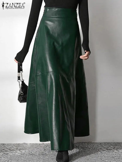 Elegant Long Casual High Waist PU Leather Maxi Skirts