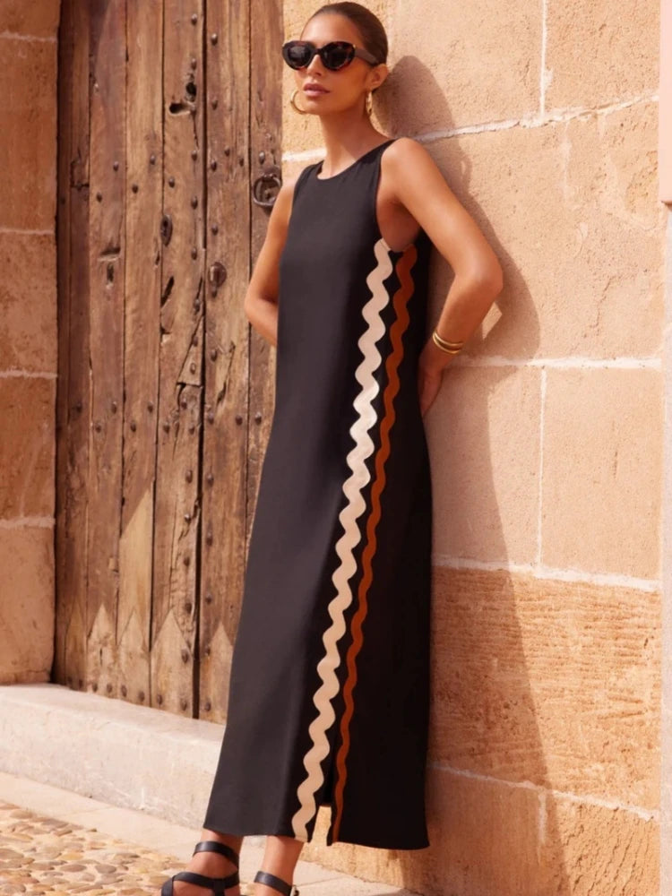 Summer Loose Casual O-neck Sleeveless Split Vintage Midi Dress