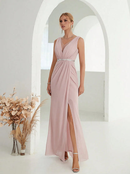 Mgiacy Shoulder silver sequin belt pleated chiffon slit skirt Dress
