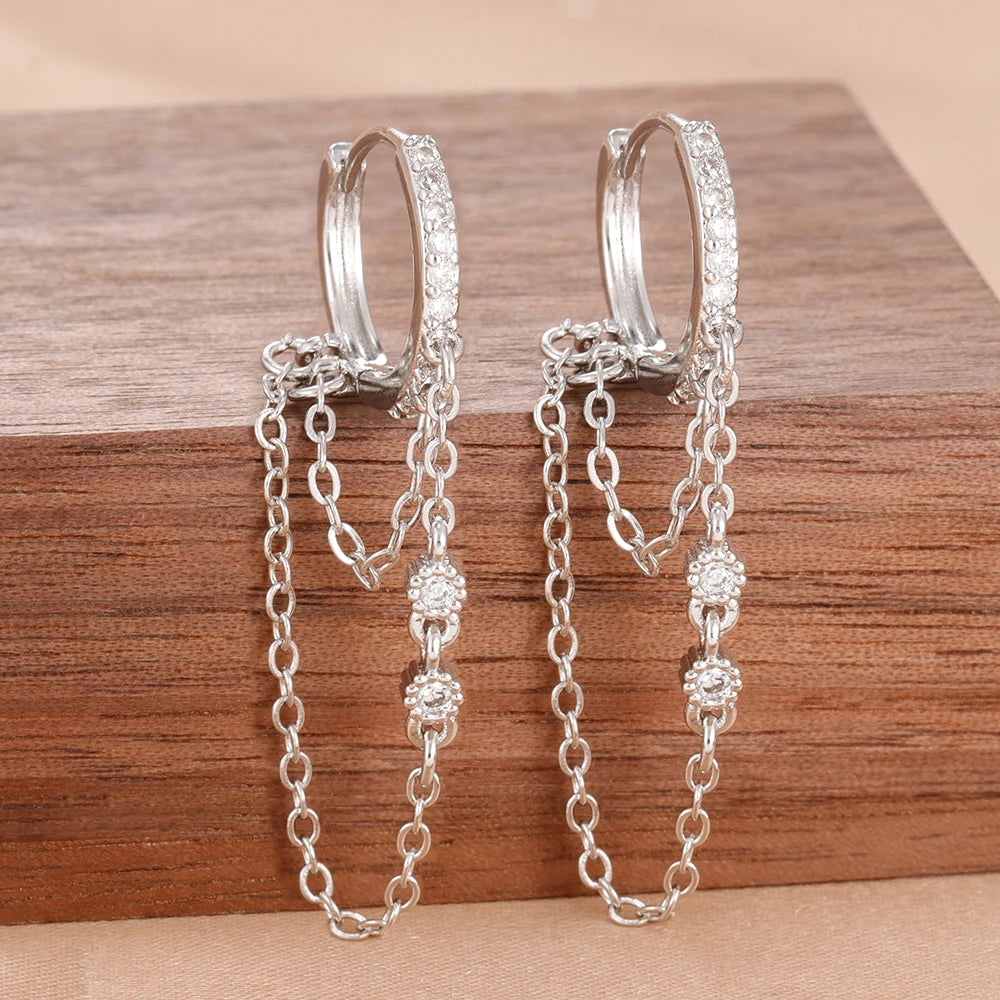Stainless Steel Gold Color Chain Dangle Drop Zirconia Earrings