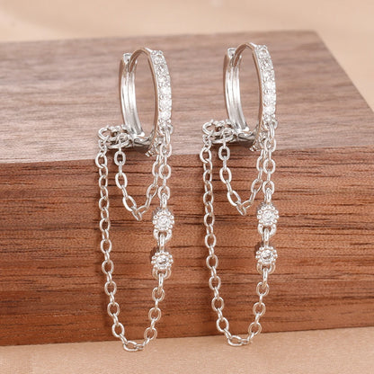 Stainless Steel Gold Color Chain Dangle Drop Zirconia Earrings