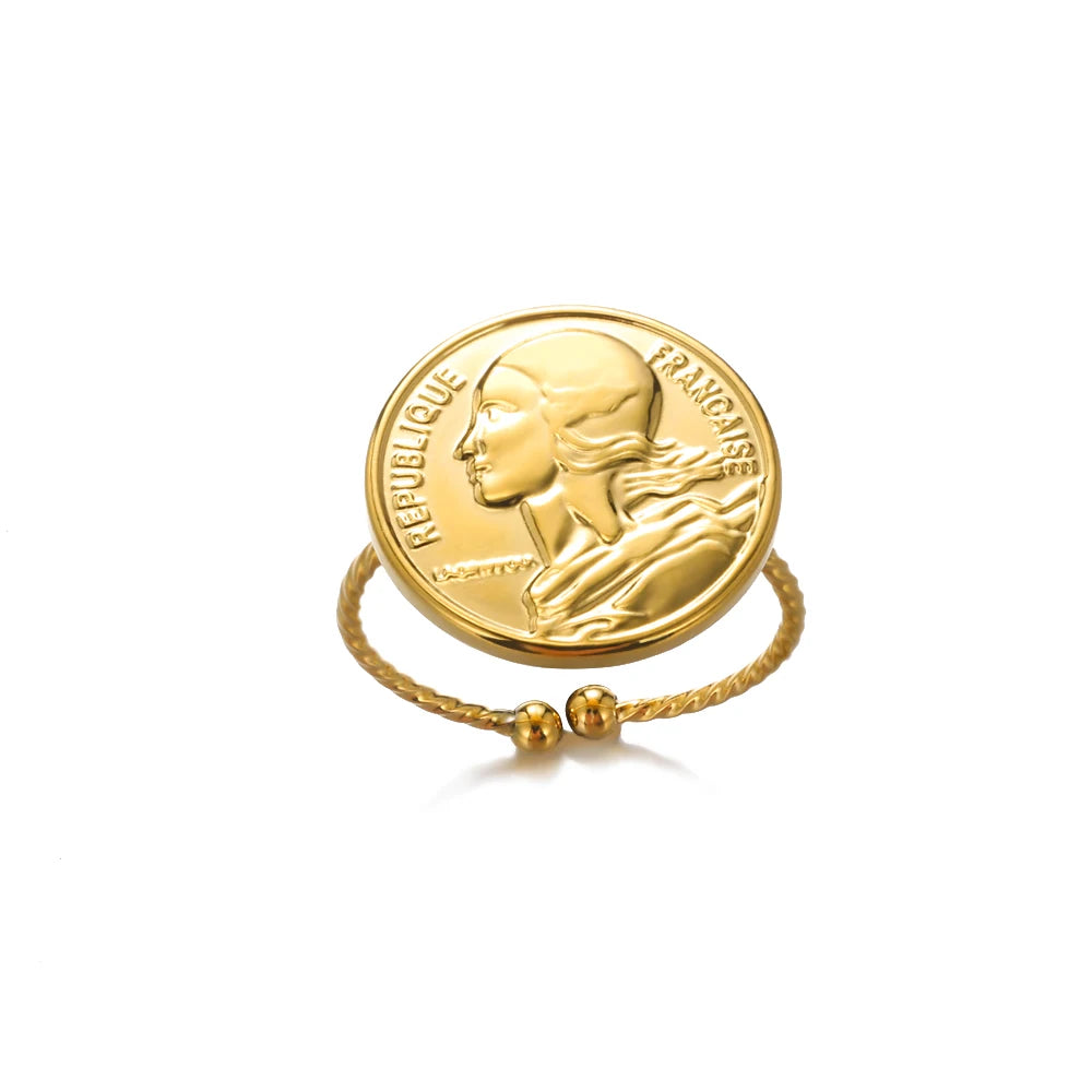 Gold Stainless Steel Coin Broad Surface Elliptical Geometry Rings