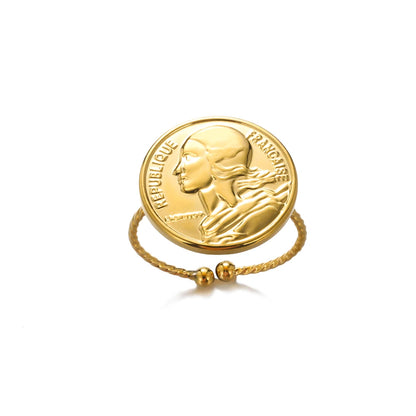 Gold Stainless Steel Coin Broad Surface Elliptical Geometry Rings