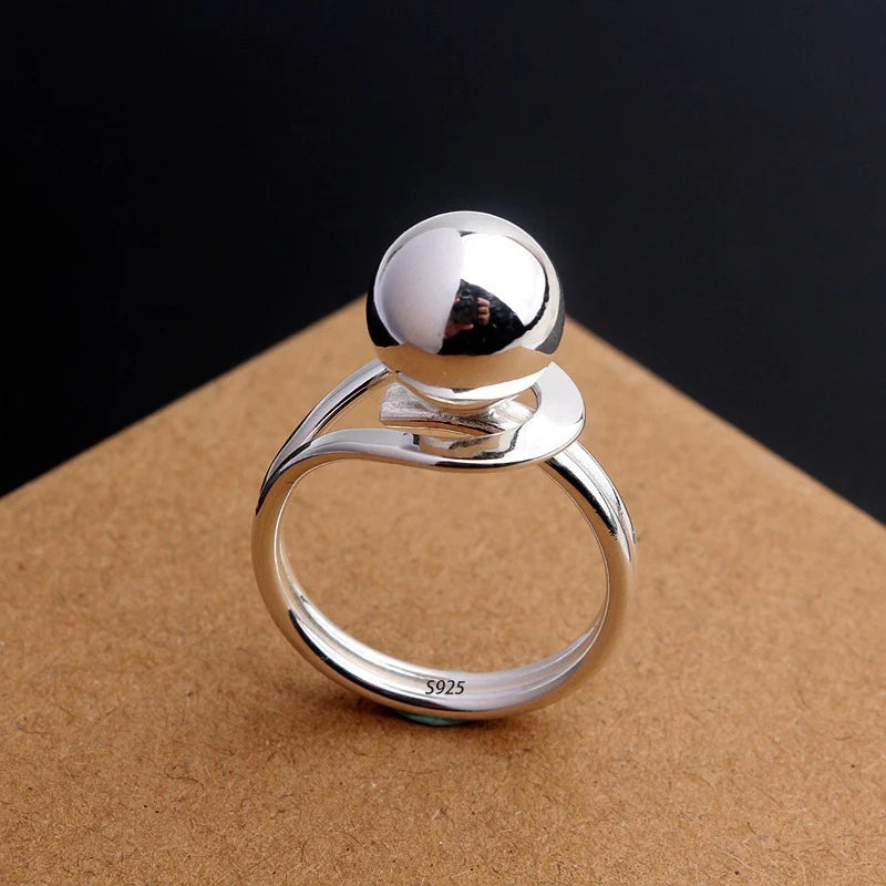 Sam Panda 925 Sterling Silver Simple Vintage Big Ball Ring