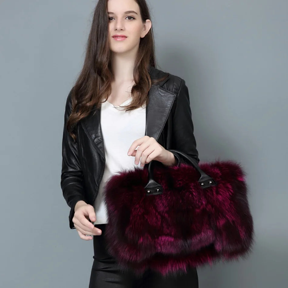 Real Fox Fur Large Size Plush Crossbody Luxury Handbags Fluffy Tote Bag