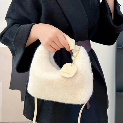 Faux Fur Plush Ruched Handle Small Shoulder Crossbody Bag