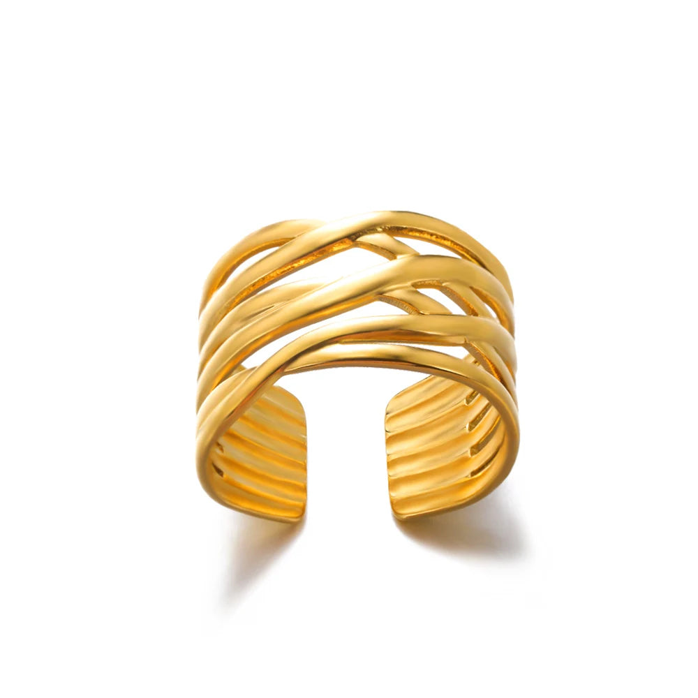 Stainless Steel Round Zircon Geometric Gold Crystal Ring
