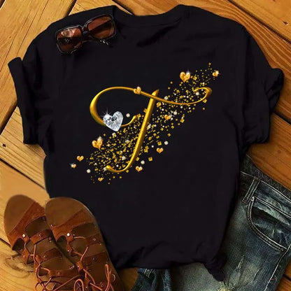 Custom Letter Combination Diamond Gold Letter T-shirt