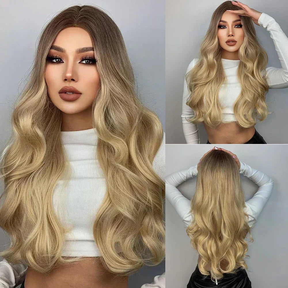 Long Natural Wavy Platinum Blonde Wigs