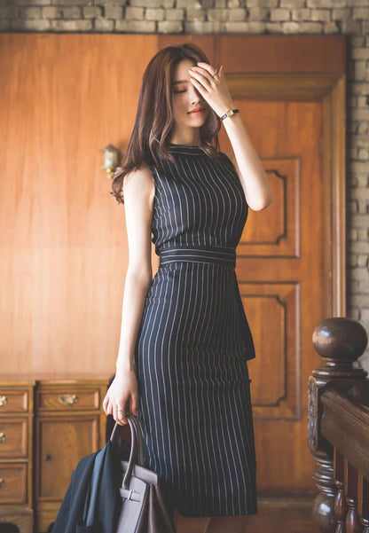 Sexy Tank Sleeveless High Waist Stripe Office Dress