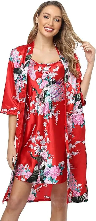 Floral Satin Kimono Robe and Nightgown Bathrobe Set