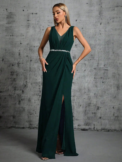 Mgiacy Shoulder silver sequin belt pleated chiffon slit skirt Dress