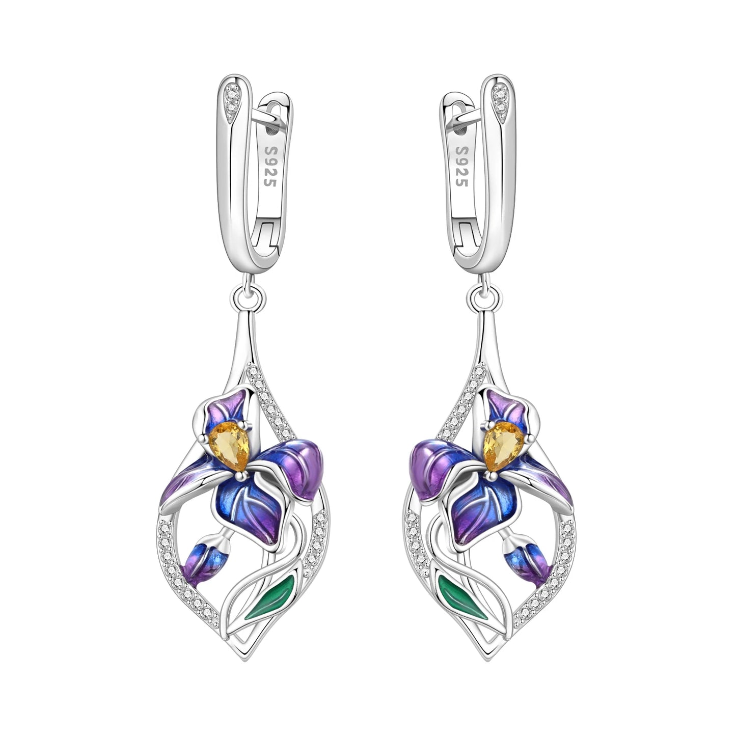 Orstarry Original 925 Sterling Silver Blue Iris Flower Earrings