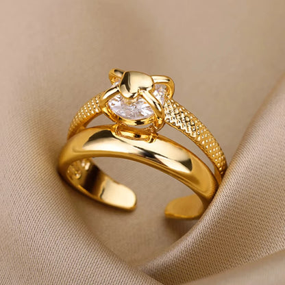 Chain Hollow Out Gold Stainless Steel Zircon Cross Ring
