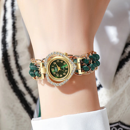 Luxury Rhinestone Heart Dial Woven Strap Quartz Wristwatch
