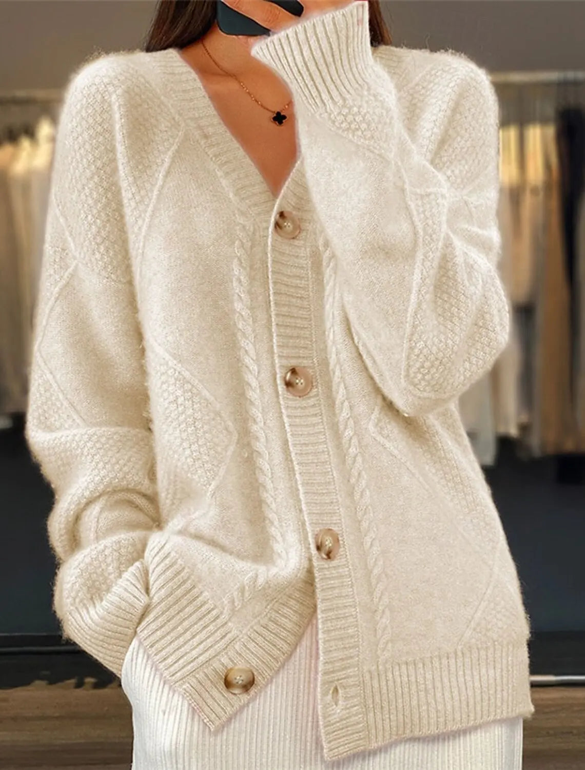 V Neck Cable Knit Cardigan Fuzzy Soft Long Sleeve Fall Winter Pocket Sweater Coat