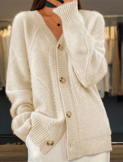V Neck Cable Knit Cardigan Fuzzy Soft Long Sleeve Fall Winter Pocket Sweater Coat